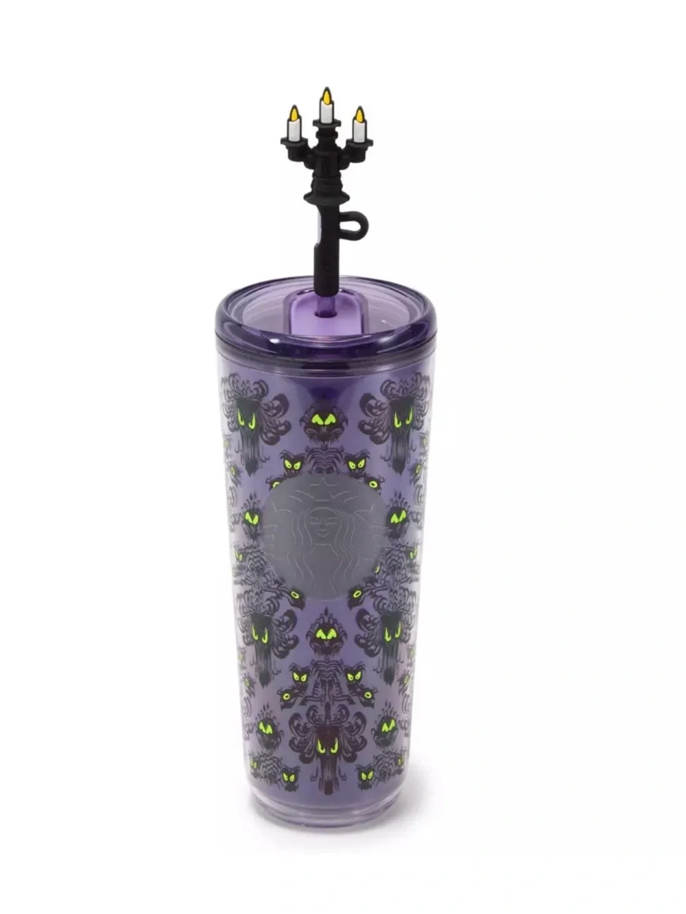 NEW DISNEY STARBUCKS HAUNTED MANSION EYES 24oz TUMBLER WITH STRAW & CANDELABRA